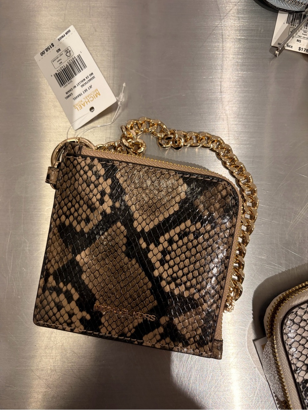 Michael Kors Brown Snake-Print Chain Wallet with Gold Chain